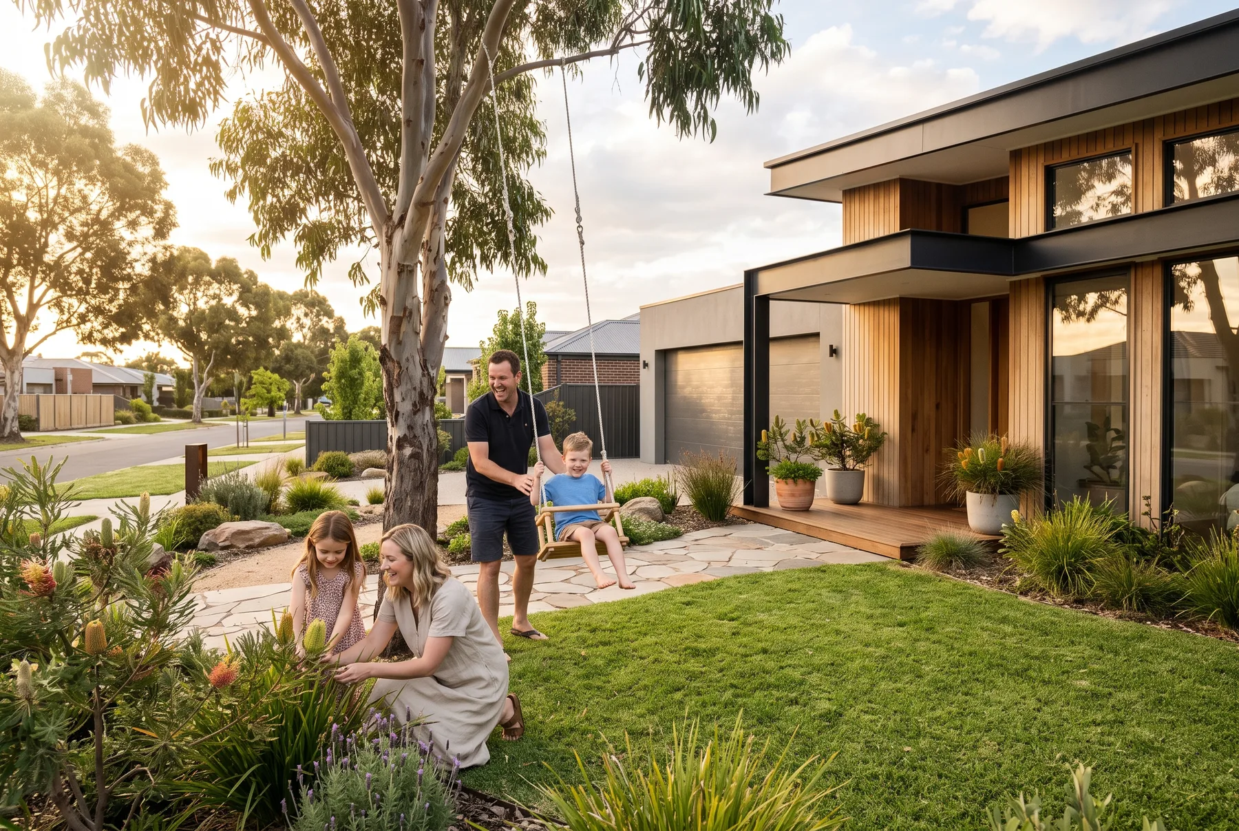 Illustrative family home frontage with landscaped garden and open porch