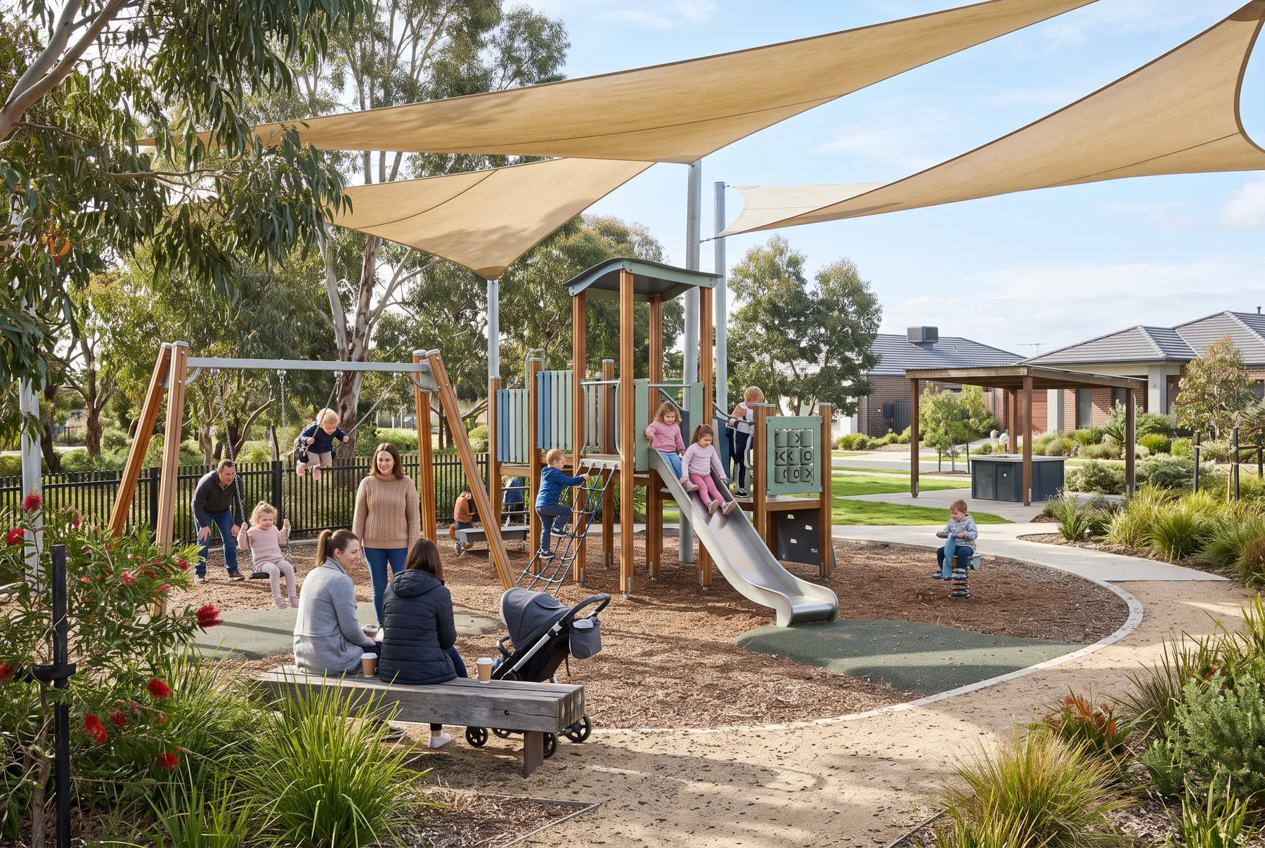 Illustrative neighbourhood playground with families and shaded seating