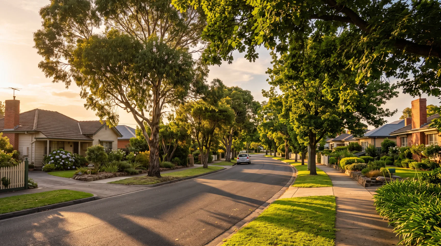 Illustrative residential street at golden hour with new homes and street trees